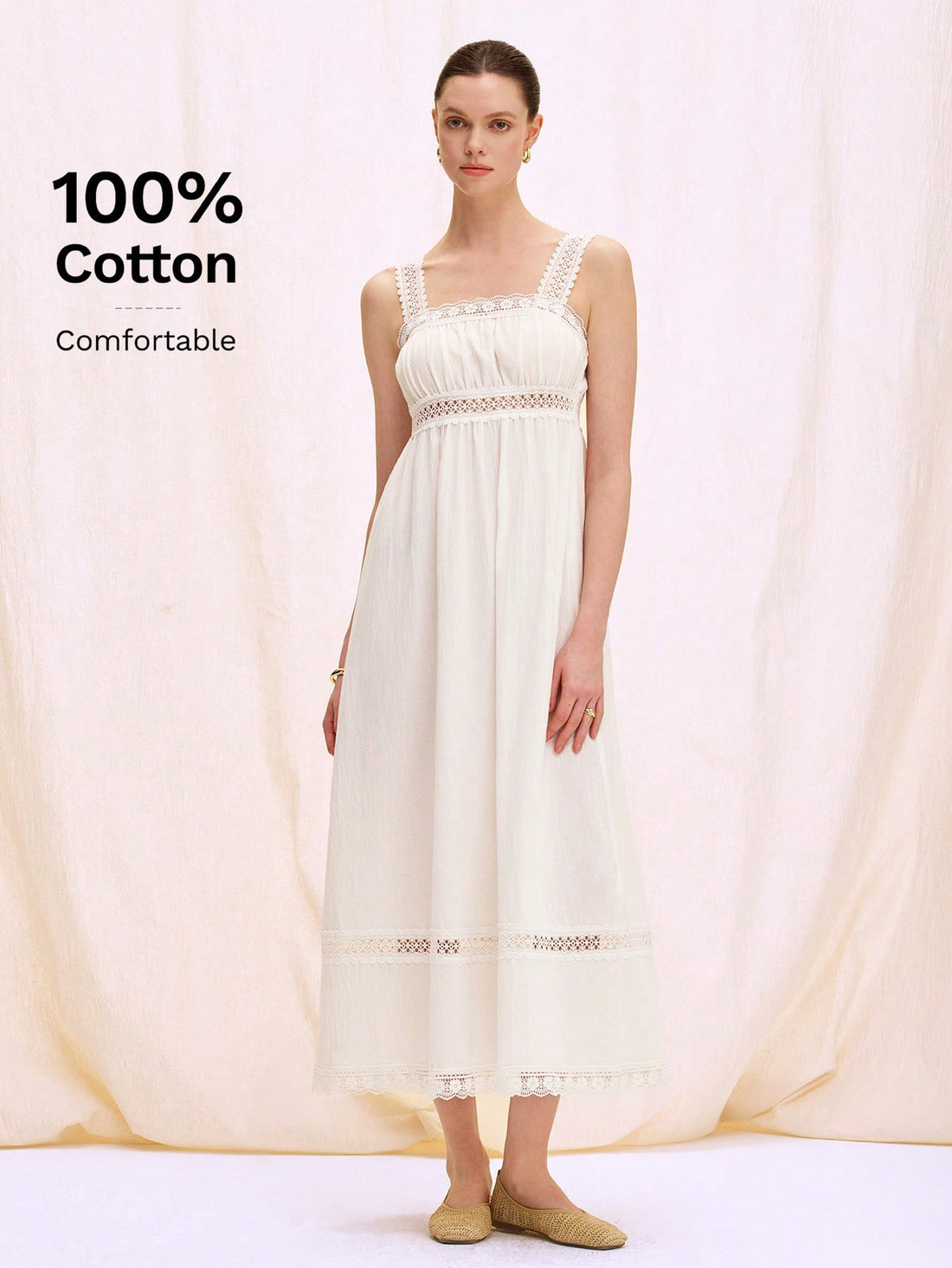 Step into sunshine with this playful sleeveless dress featuring delicate hollow lace patchwork. Its breezy design keeps you cool and stylish, making it the perfect companion for beach holidays and sunny adventures. Embrace effortless elegance and let your summer glow shine through every stitch.