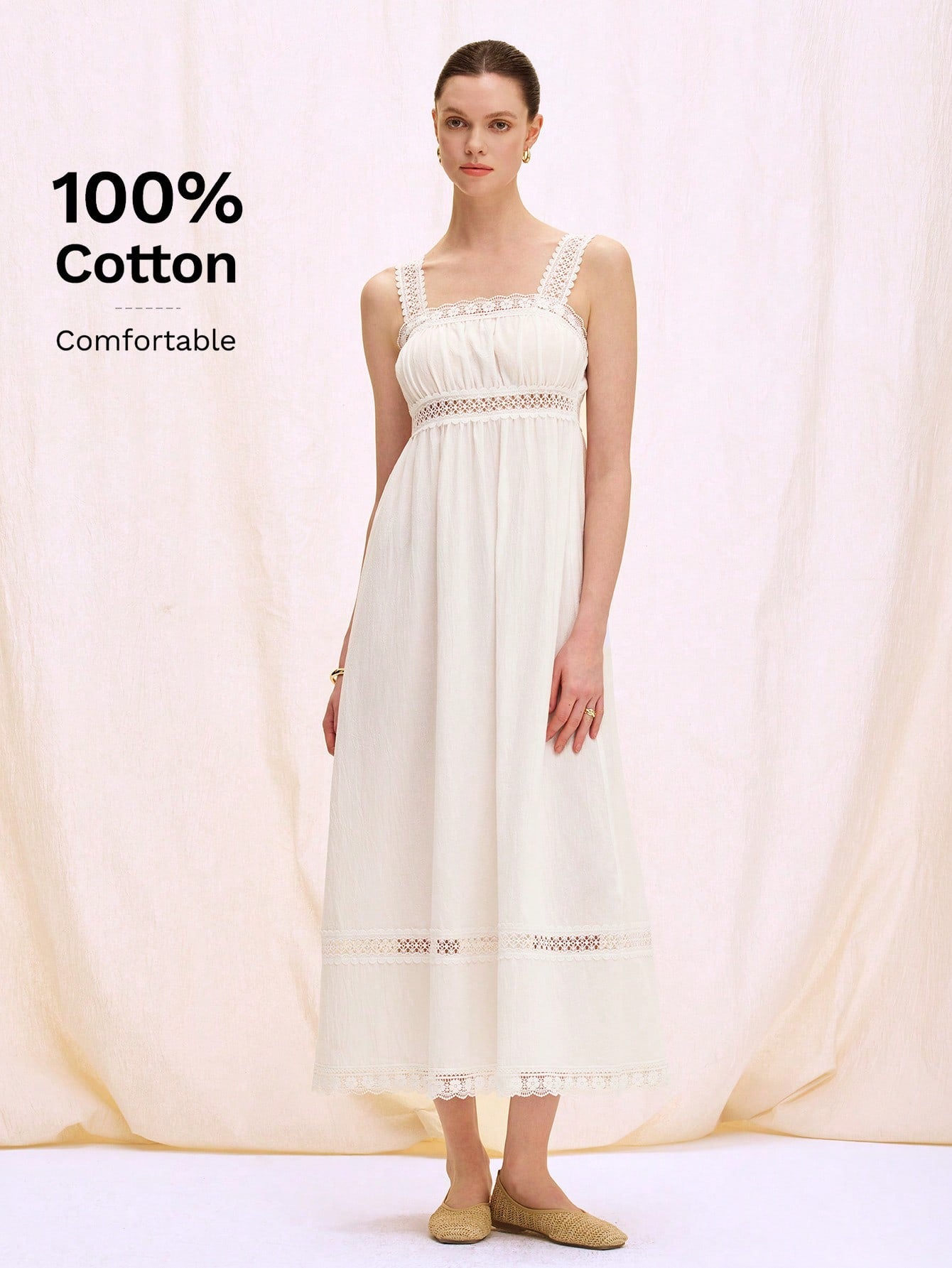 Step into sunshine with this playful sleeveless dress featuring delicate hollow lace patchwork. Its breezy design keeps you cool and stylish, making it the perfect companion for beach holidays and sunny adventures. Embrace effortless elegance and let your summer glow shine through every stitch.