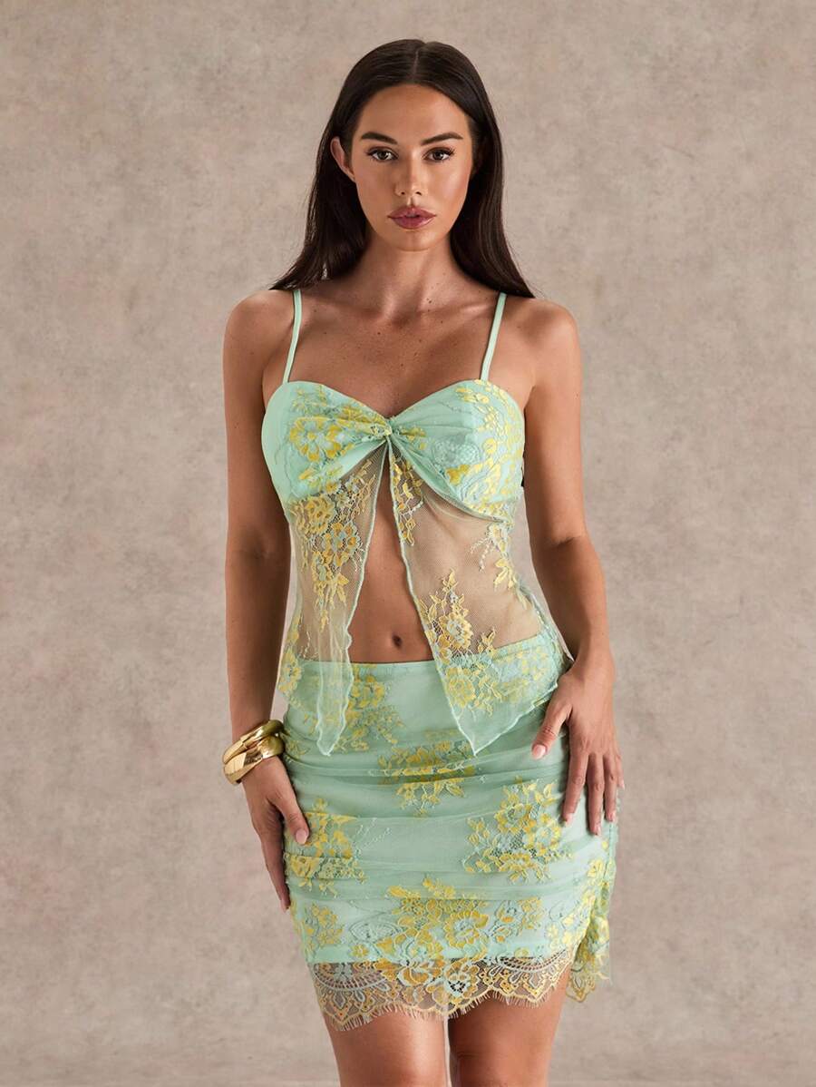 mint yellow embroidered lace two-piece set with spaghetti strap crop top, sweetheart cups, front tie keyhole, sheer mesh panels, high waist bodycon mini skirt and scalloped lace hem image 1