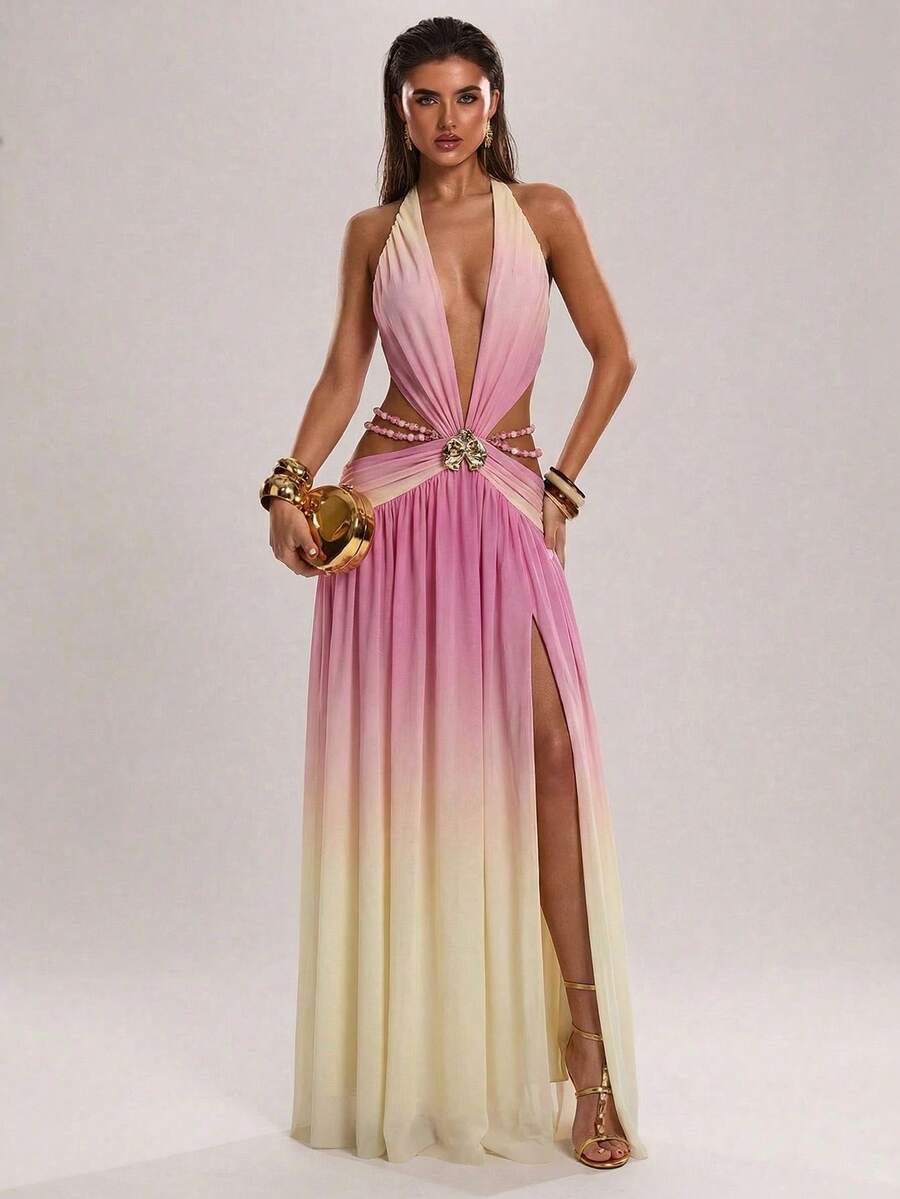 Front view of pink ombre halter cutout maxi dress with high side slit