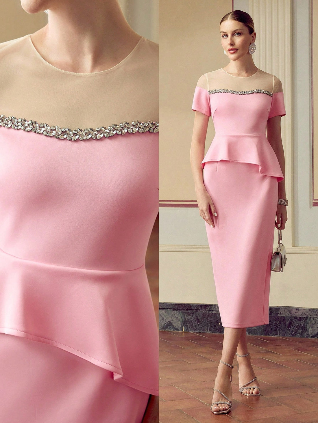 Step into summer with flair in this Elegant Summer Peplum Dress, designed to turn heads! Sparkling diamond accents add just the right touch of glam, while playful mesh splicing keeps things breezy and cool. Its flattering peplum silhouette enhances your curves for a chic look that’s perfect day or night. Whether you’re out for brunch or dancing under the stars, this dress is your new sunny-day secret weapon.