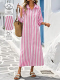 Pink and white striped cotton maxi shirt dress front view