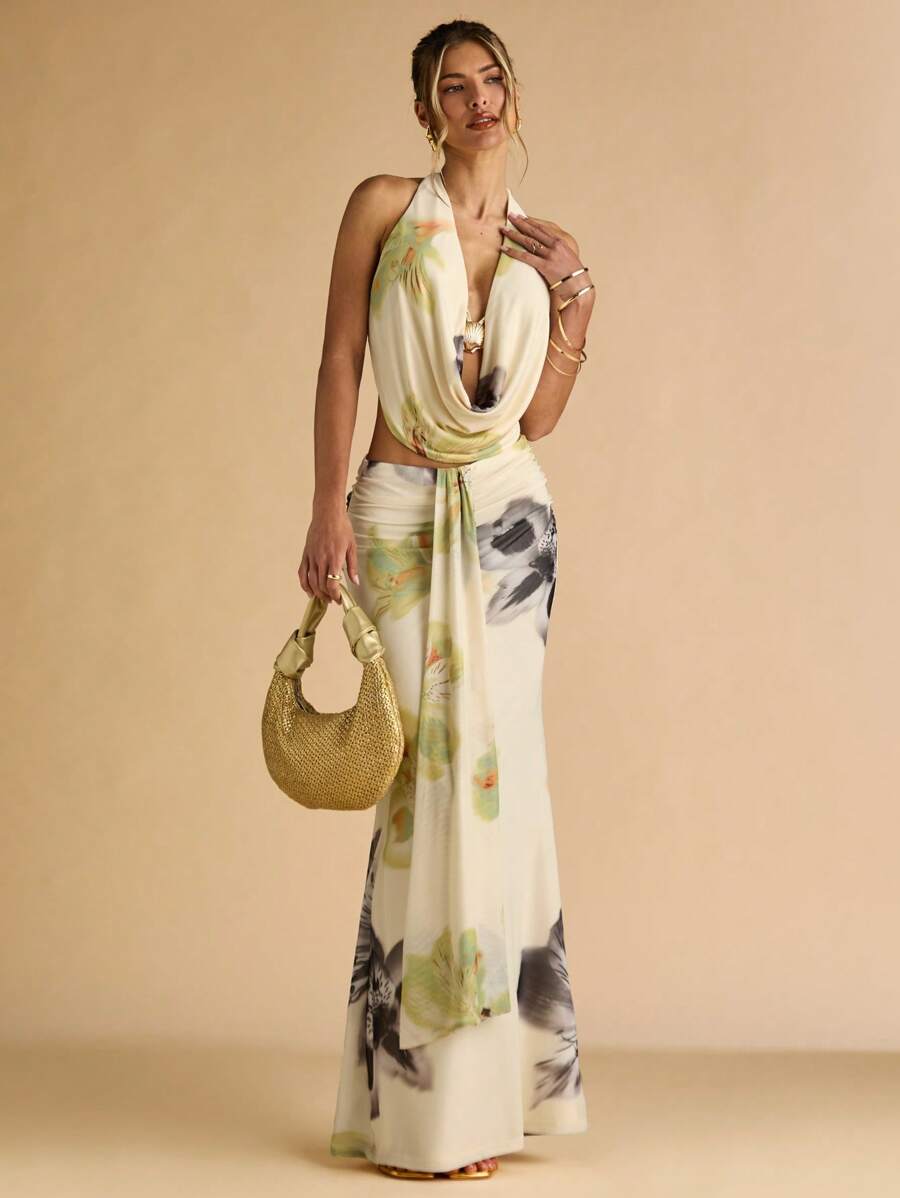 Floral halter cowl top and ruched maxi skirt two-piece set