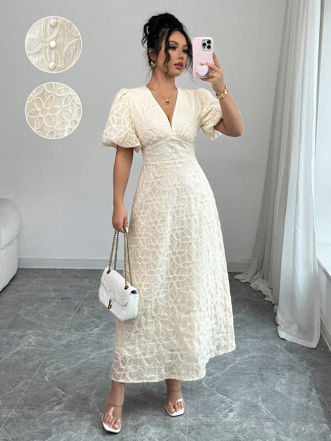 Effortlessly chic and undeniably charming, this summer dress brings that coveted French Riviera vibe straight to your wardrobe. The flattering V-neckline and graceful A-line silhouette create a silhouette that feels both romantic and refreshingly modern. Delicate textured embroidery adds visual interest and dimension, while the whimsical lantern sleeves give you that perfect balance of elegance and ease. Whether you're sipping café au lait at a sidewalk bistro or enjoying a leisurely brunch with friends, th