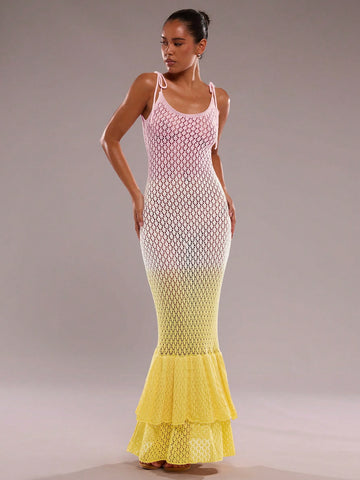 Step into summer with this playful fishtail knit dress, perfect for seaside adventures. Featuring charming ruffles and a stylish gradient hollow-out design, it combines comfort and flair effortlessly. Its breezy knit fabric keeps you cool while the fishtail silhouette adds a fun, flirty touch to your vacation wardrobe. Ideal for beach strolls or sunset dinners, this dress brings a splash of elegance to your sunny getaways.