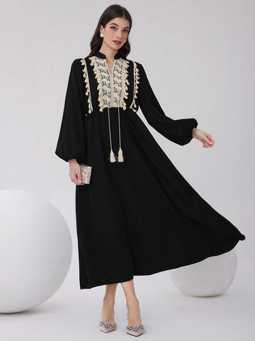 Twirl into any occasion with our Elegant Tassel Tie Neck Dress! The playful tassel ties add a flirty touch, while embroidered details catch every eye in the room. Those statement lantern sleeves? Pure magic! This dress doesn't just look good—it brings the fun, letting you dance, mingle, and shine without a second thought. Effortless style has never been this entertaining!