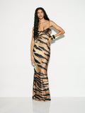 This elegant satin maxi dress features a striking tiger print and delicate lace trim, creating a sophisticated look ideal for special occasions. Its flowing silhouette ensures comfortable wear throughout weddings, holiday parties, and evening events. The combination of luxurious fabric and intricate detailing offers a refined, eye-catching style for memorable nights.