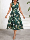Attention all fashionistas! Embrace the playful elegance of our Tropical Plant Print Dress. The mid-length cut and V-neck design flatter all shapes, while the sleeveless style keeps you cool and comfortable. With a unique overlap detail and stunning tropical print, this dress is a must-have for any stylish summer wardrobe!