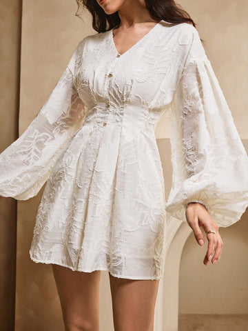 Elevate your party look with our Elegant V-Neck Drop Shoulder Ruched Waist Short Dress for Women. The stylish V-neck and drop shoulder design create a chic silhouette, while the ruched waist adds a touch of elegance. Perfect for any celebration, this dress will make you stand out in style.