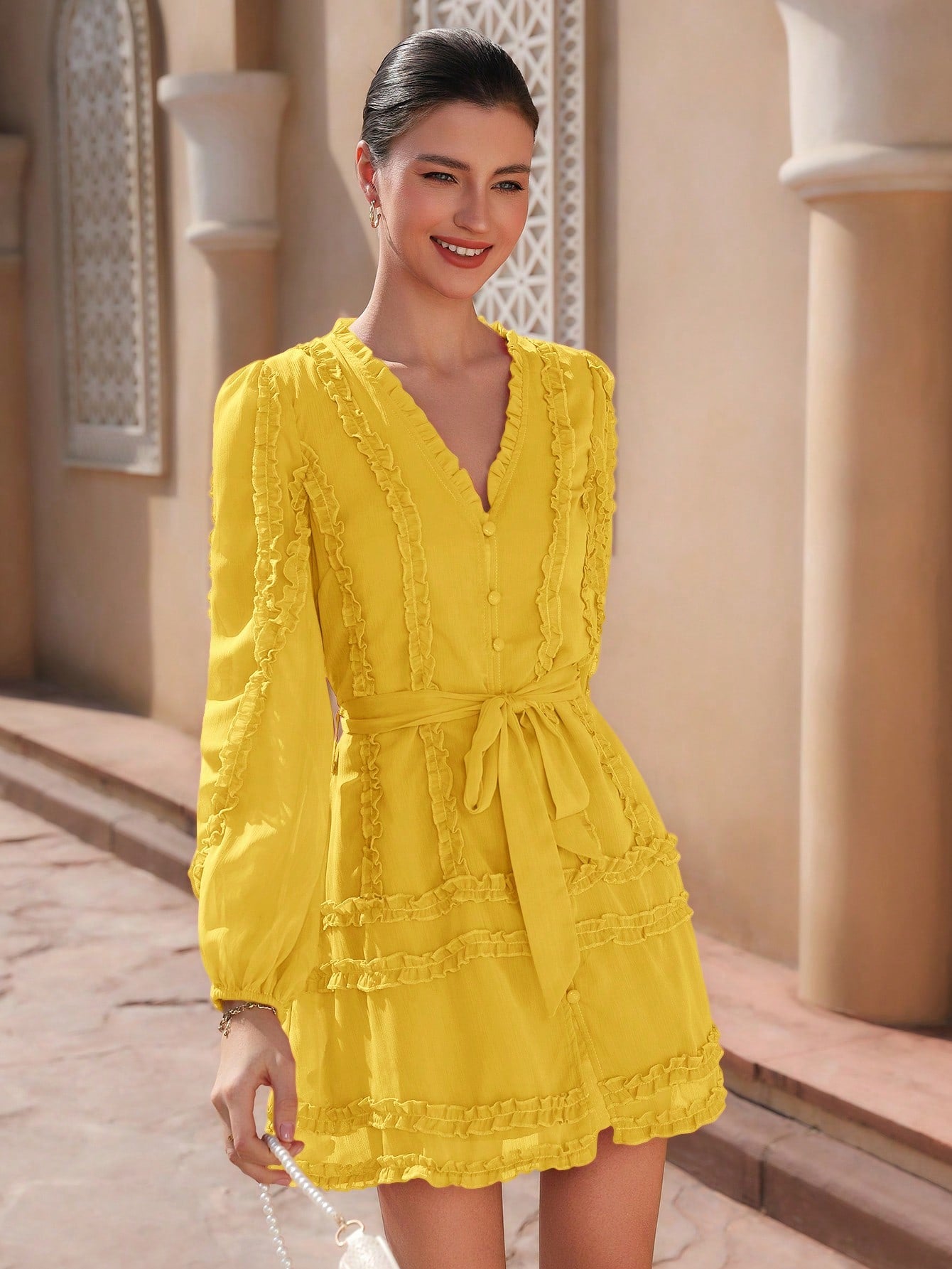 Step into effortless charm with this Elegant V-Neck Layered Ruffle Dress. Its playful layered ruffles and flattering V-neck create a flirty silhouette perfect for sunny vacations or crisp spring and fall days. The short sleeves keep it breezy yet chic, making it your go-to for that timeless old money vibe with a fun twist.