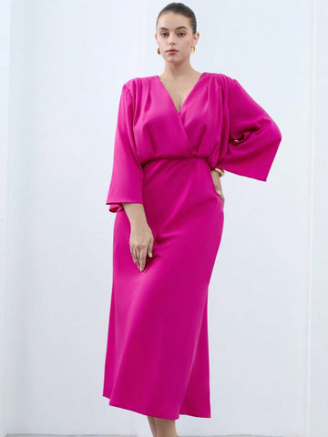 Step out in style with this Elegant V-Neck Long Dress designed to flatter every curve. The cinched waist highlights your silhouette, while the playful 3/4 sleeves add a touch of charm. Its solid color keeps things simple yet stunning, perfect for any occasion where you want to shine effortlessly.