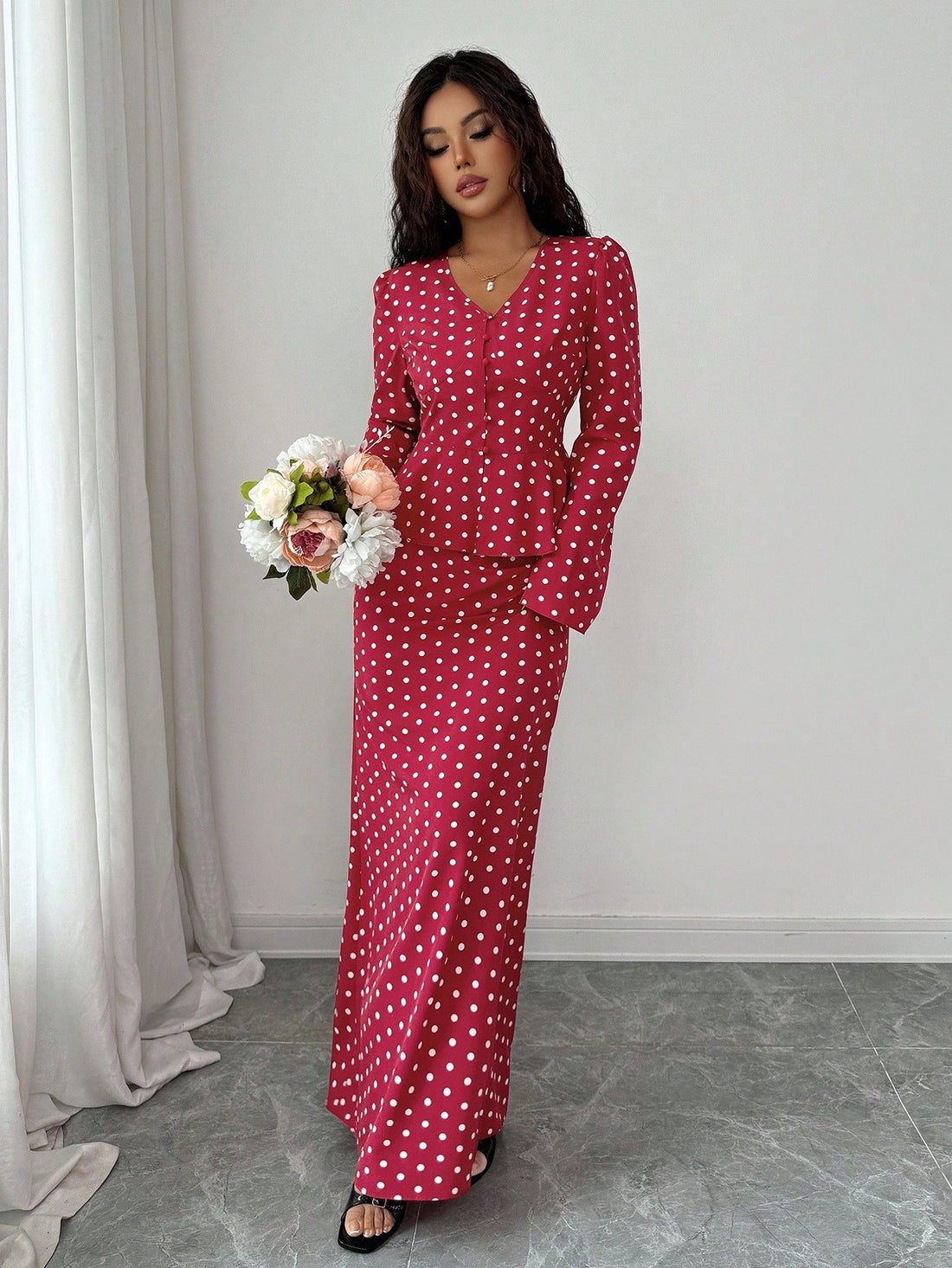 Swoon-worthy elegance meets playful charm in this dreamy two-piece set! The V-neck polka dot blouse brings vintage-inspired whimsy with its timeless dotted pattern, while the fishtail skirt adds a flirty, feminine silhouette that turns heads. Perfect for date nights, special occasions, or whenever you want to feel effortlessly romantic. Mix sophistication with a touch of fun—this set is your ticket to looking absolutely enchanting.