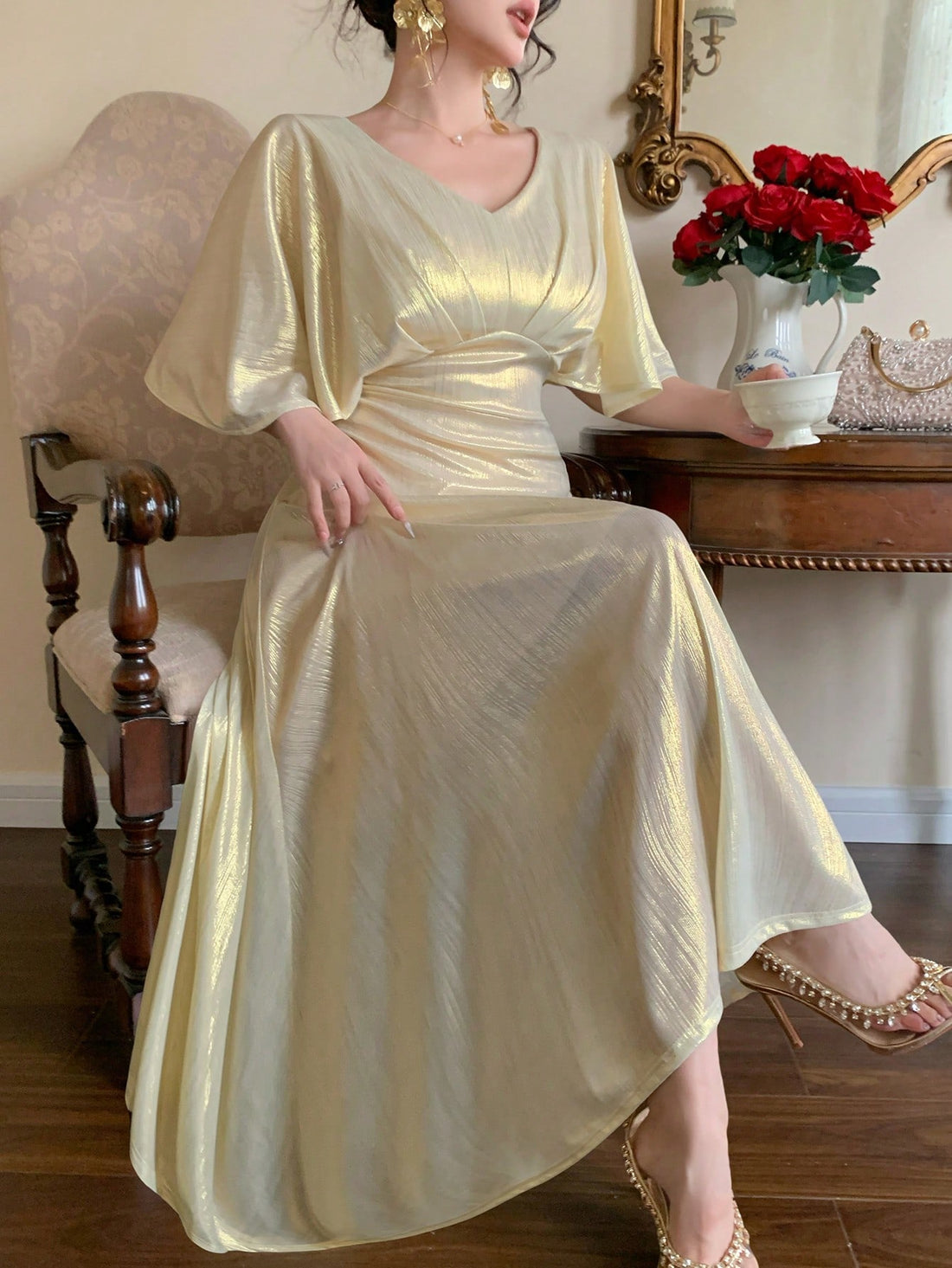 Turn heads at every party and wedding in this Elegant V-Neck Sequin Dress with a flirty ruffle hem. Sparkling sequins catch the light as you move, while the playful ruffle adds a touch of fun to your graceful silhouette. Perfect for dancing the night away or stealing the spotlight wherever you go!