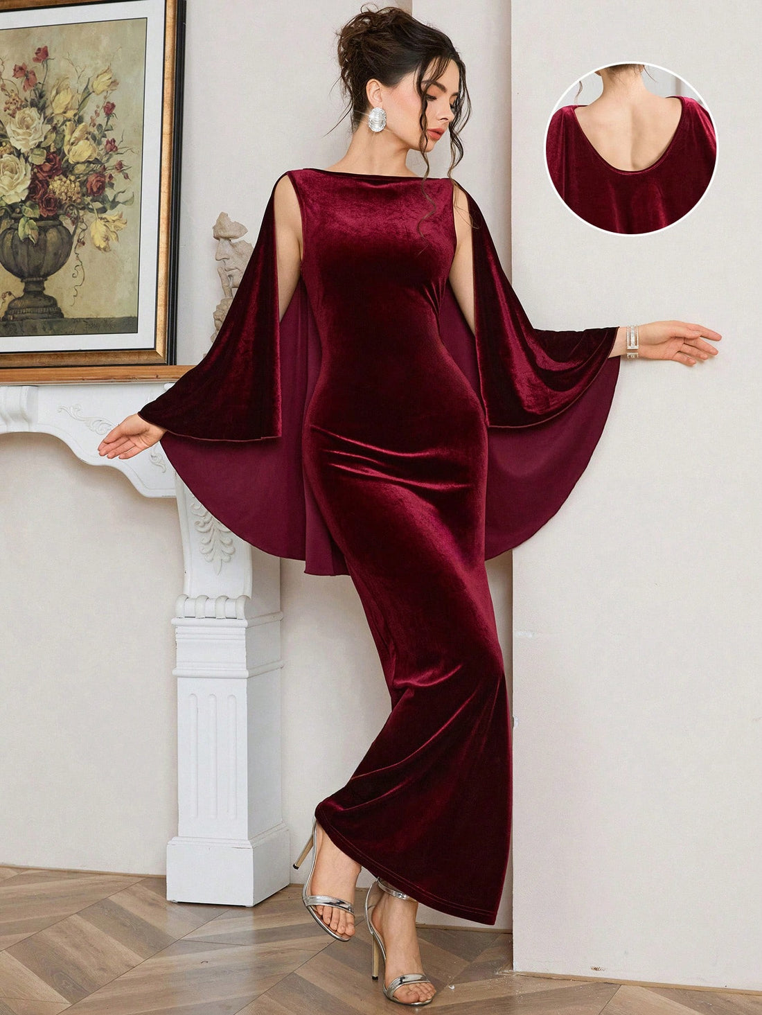 Slip into pure sophistication with this stunning wine velvet cape dress that's equal parts dramatic and wearable. The backless design flashes just enough allure while the attached shawl-style cape keeps you cozy and chic—perfect for those moments when you want to turn heads without trying too hard. Mid-length cut hits at just the right spot for effortless elegance. Whether you're heading to a special event or elevating your everyday style, this piece proves that sometimes the best outfits are the ones that 