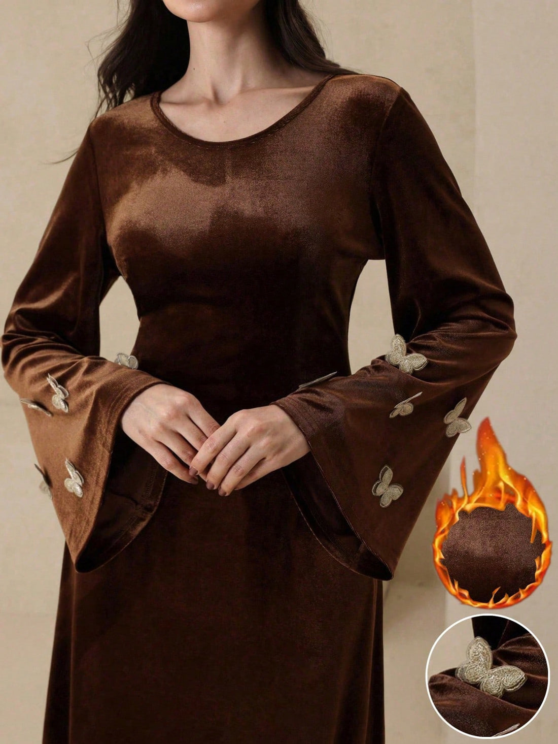 Slip into pure elegance with this stunning velvet long sleeve dress that's ready to turn heads! The luxurious velvet fabric drapes beautifully while the cinched waist creates a flattering silhouette that celebrates your curves. Delicate butterfly embellishments add a whimsical touch of magic to the design, making this dress perfect for special occasions, date nights, or whenever you want to feel absolutely fabulous. Long sleeves provide graceful coverage while maintaining that sophisticated vibe. Whether yo