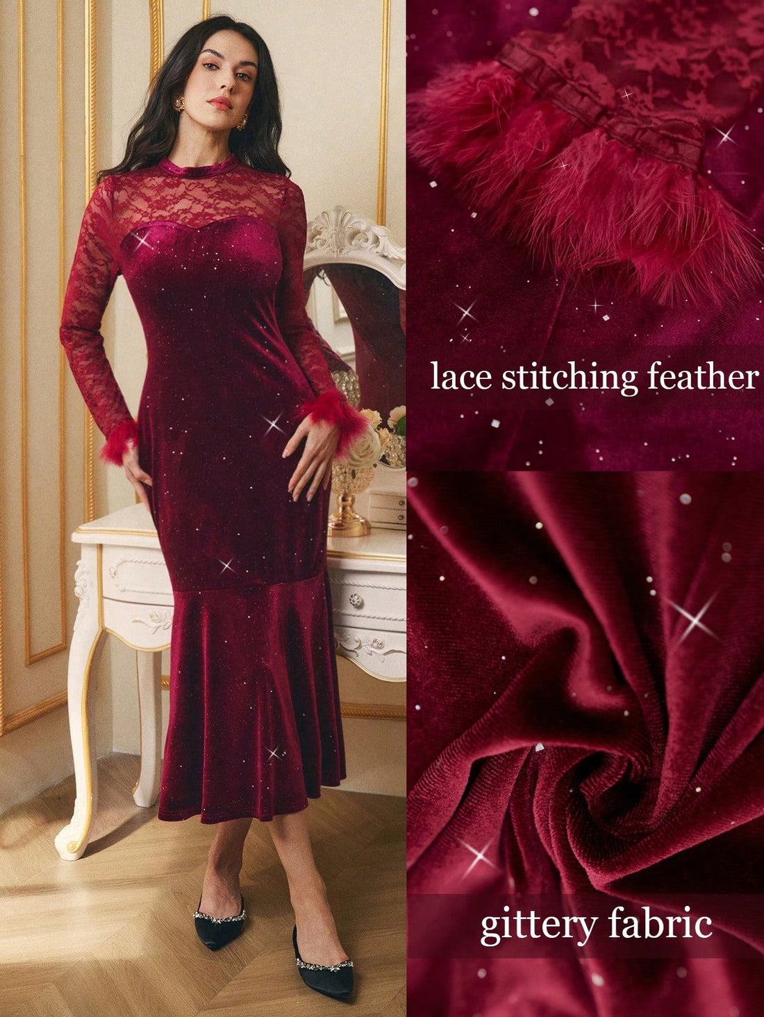 This versatile dress is perfect for celebrating autumn, winter, and the holidays. The elegant velvet patchwork adds a touch of luxury and the long length makes it suitable for any occasion. Get ready to stun at your next festive event with this must-have dress!