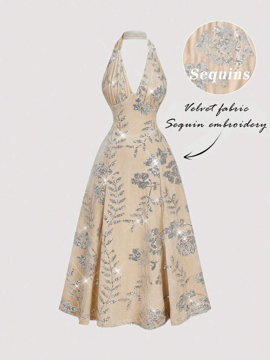 Elevate your evening wardrobe with this sophisticated velvet sequin halter dress, designed to make a statement at any celebration. The luxurious velvet fabric combined with shimmering sequin detailing creates an eye-catching contrast that catches light beautifully throughout the night. The halter neckline offers elegant support while showcasing your shoulders, making it ideal for holiday parties, New Year's Eve galas, and formal occasions. The dress drapes gracefully to create a flattering silhouette that w