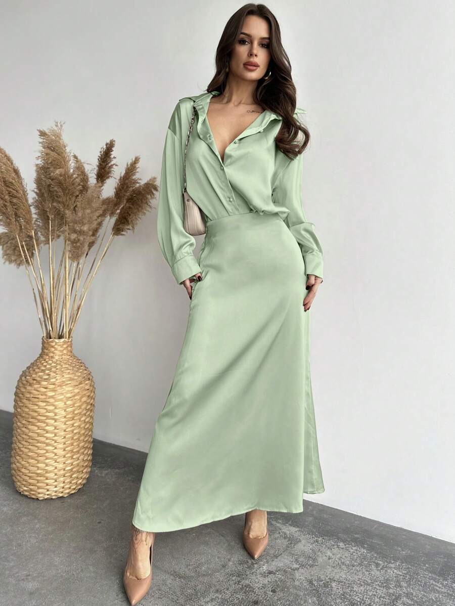 Elevate your autumn wardrobe with this dreamy two-piece set that whispers vintage charm! The luxurious apricot satin long-sleeve shirt drapes beautifully, while the fishtail skirt adds a flirty, feminine silhouette that turns heads. Perfect for date nights, special occasions, or whenever you want to feel effortlessly elegant. This season's must-have combination brings timeless sophistication with a modern twist—because looking fabulous should always be fun!