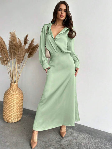 Elevate your autumn wardrobe with this dreamy two-piece set that whispers vintage charm! The luxurious apricot satin long-sleeve shirt drapes beautifully, while the fishtail skirt adds a flirty, feminine silhouette that turns heads. Perfect for date nights, special occasions, or whenever you want to feel effortlessly elegant. This season's must-have combination brings timeless sophistication with a modern twist—because looking fabulous should always be fun!