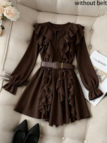 Elevate your wardrobe with this sophisticated vintage-inspired mini dress in rich coffee brown. Featuring an eye-catching ruffled hem and extra-long sleeves, this piece delivers timeless elegance with modern flair. Crafted from a durable woven blend of polyester and polyamide, the regular fit silhouette flatters effortlessly. The unlined construction keeps it lightweight and breathable, perfect for layering or wearing solo. Machine washable for easy care, this dress transitions seamlessly from casual outing