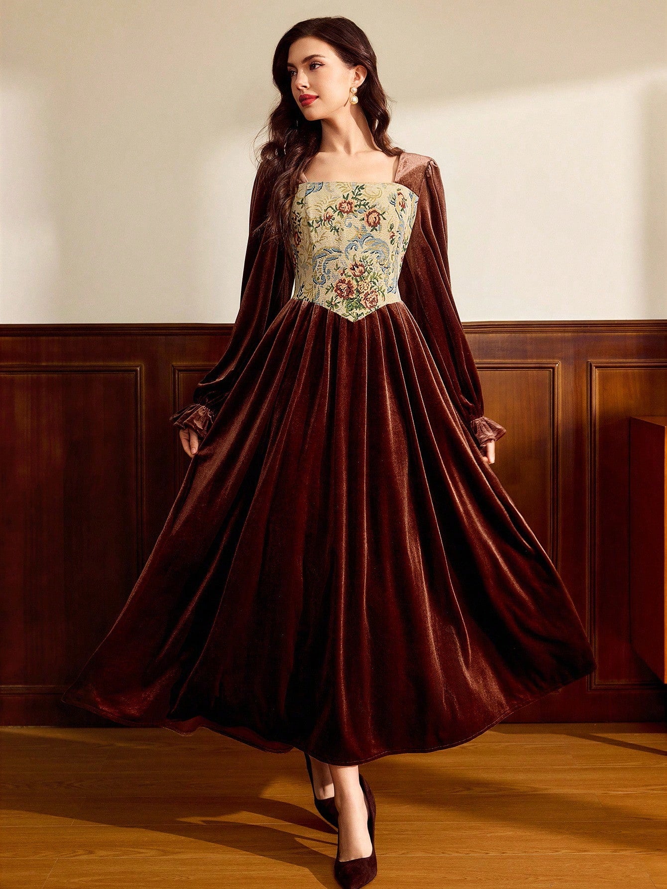 Elegant Vintage Brown Velvet Patchwork Dress for Autumn & Winter - Cla – CANARY HOUZE