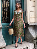 Elevate your spring and summer wardrobe with this enchanting vintage-inspired dress. Featuring a romantic dark green base adorned with delicate pink roses, this midi piece combines timeless elegance with modern comfort. The flattering French V-neckline and puff sleeves create a feminine silhouette, while the high waist cinches beautifully and the A-line cut flows gracefully. Finished with charming lace trim details, it's perfect for tea parties, garden events, and special occasions. Crafted from a breathabl