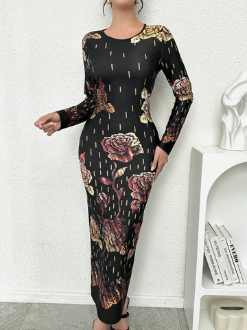 Indulge in flower power fashion with our Elegant Vintage Floral Milk Silk Dress! This stunning ensemble features a soft, silky material and a flattering round neck. Perfect for any occasion, its long sleeves add a touch of elegance while the vintage floral pattern adds a touch of unique charm.