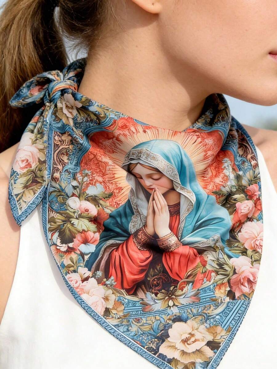 Embrace timeless elegance with this exquisite silk scarf, featuring a vintage floral design inspired by classic religious iconography. Crafted from luxurious lightweight silk, it drapes beautifully as a head wrap, neck accessory, or shoulder piece. Perfect for spring and summer styling, this versatile scarf combines spiritual reverence with sophisticated fashion. The delicate floral patterns and soft color palette complement any wardrobe while providing gentle coverage and breathable comfort. 