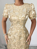 Step into timeless elegance with this stunning vintage-inspired midi dress, featuring shimmering gold jacquard fabric that catches the light beautifully. The charming puff sleeves add a touch of whimsy and romance, while the midi length offers a sophisticated silhouette perfect for spring garden parties, summer weddings, or any special occasion. Crafted with attention to detail, this dress effortlessly blends classic charm with modern flair—because who says you can't feel like royalty while having a little 
