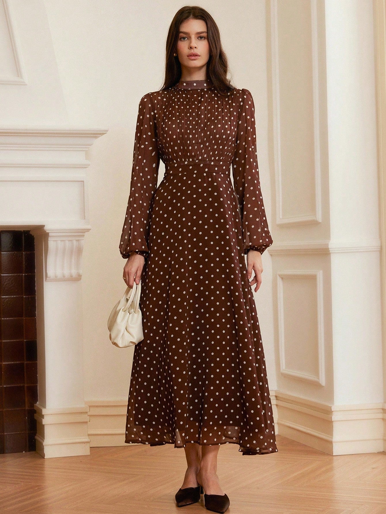 Timeless elegance meets modern comfort in this vintage-inspired chiffon dress. The high-waist silhouette flatters your figure while pleated detailing adds sophisticated movement and dimension. Long sleeves provide graceful coverage, perfect for layering or wearing solo through cooler seasons. 