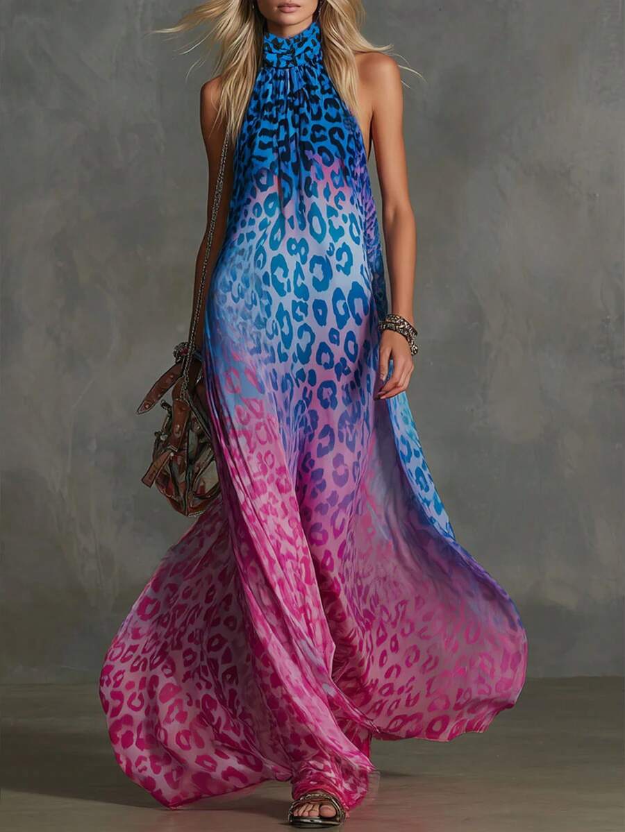 Elevate your summer wardrobe with this stunning vintage-inspired ombre halter neck dress. The flowing silhouette and backless design create an effortlessly elegant look perfect for vacations, garden parties, and special occasions. Sleeveless and breathable, it's ideal for warm weather while maintaining timeless sophistication. The gradient ombre coloring adds visual interest and pairs beautifully with minimal accessories. 