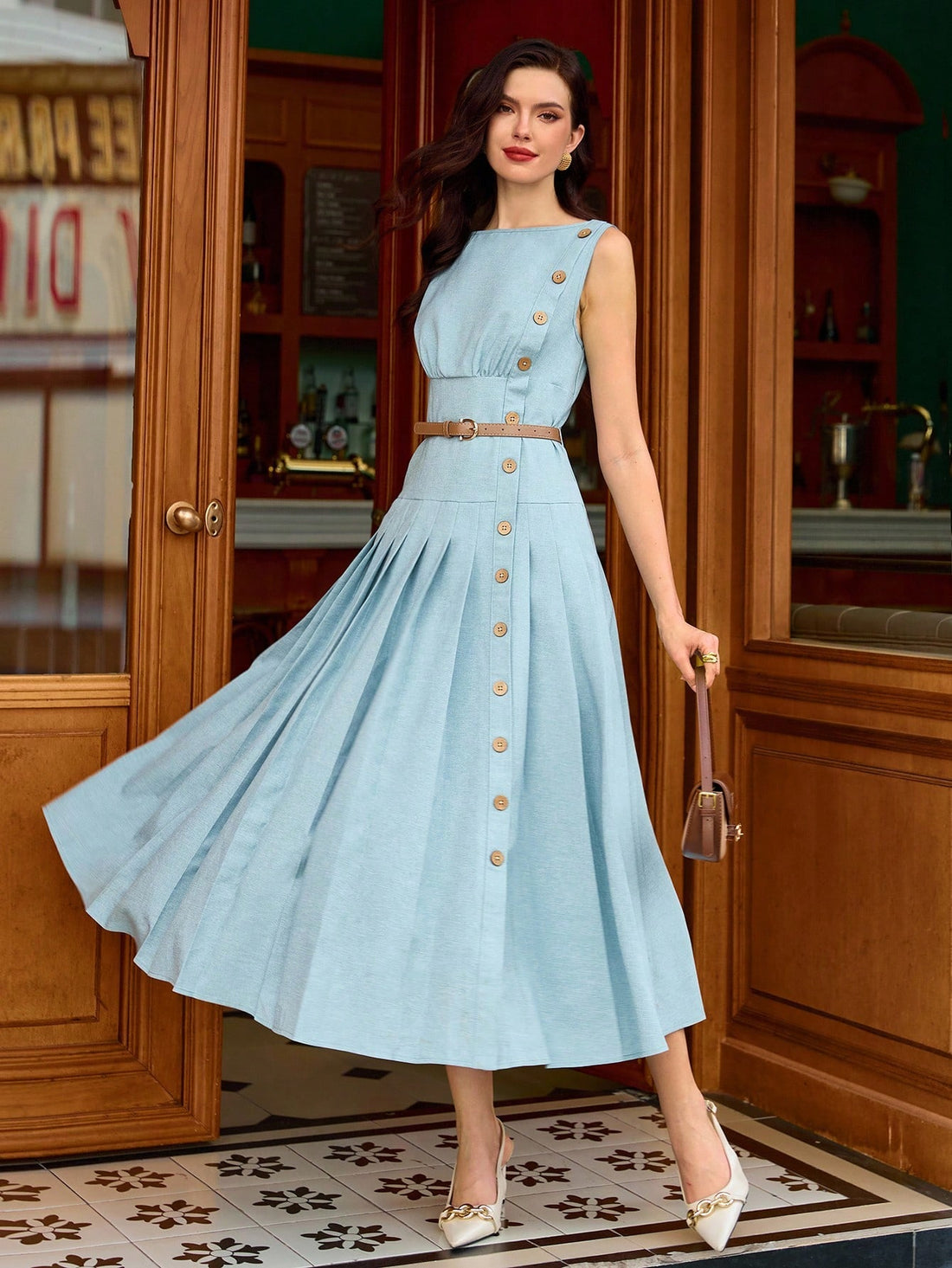 Step into timeless charm with this Elegant Vintage Pleated Midi Dress in a delightful baby blue. Its flowing pleats and classic midi length make it the perfect pick for sunny spring days, joyful weddings, or those back-to-school vibes. Light, breezy, and effortlessly chic—this dress adds a touch of whimsy to every occasion. Get ready to twirl through your day with vintage flair and playful elegance!