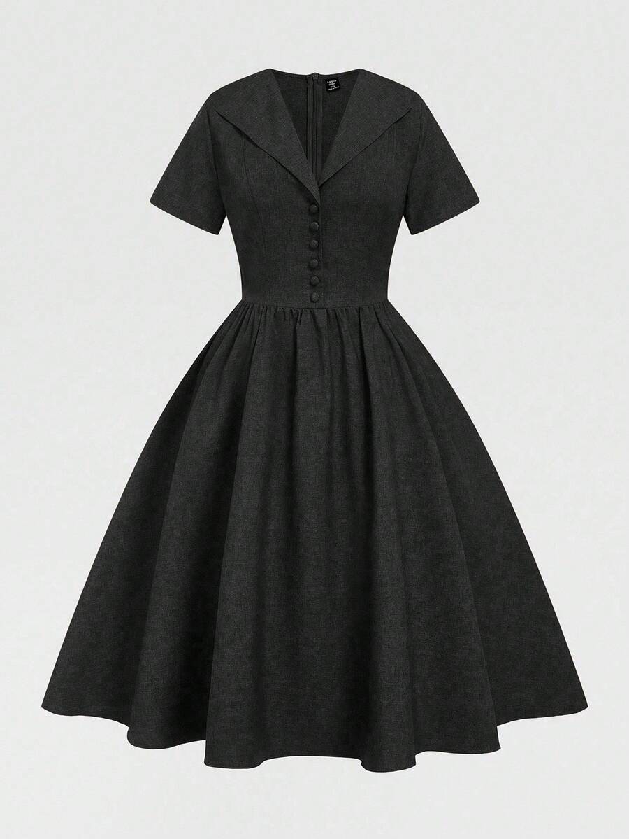 Timeless elegance meets modern comfort in this stunning vintage-inspired dress, perfectly tailored for plus-size figures. The classic lapel collar and button-front design deliver sophisticated charm, while the solid color palette keeps styling effortless. Whether you're dressing up for a special occasion or elevating your everyday look, this piece brings vintage flair with a contemporary twist. Flattering, versatile, and undeniably chic—because looking fabulous should feel just as good as it looks!