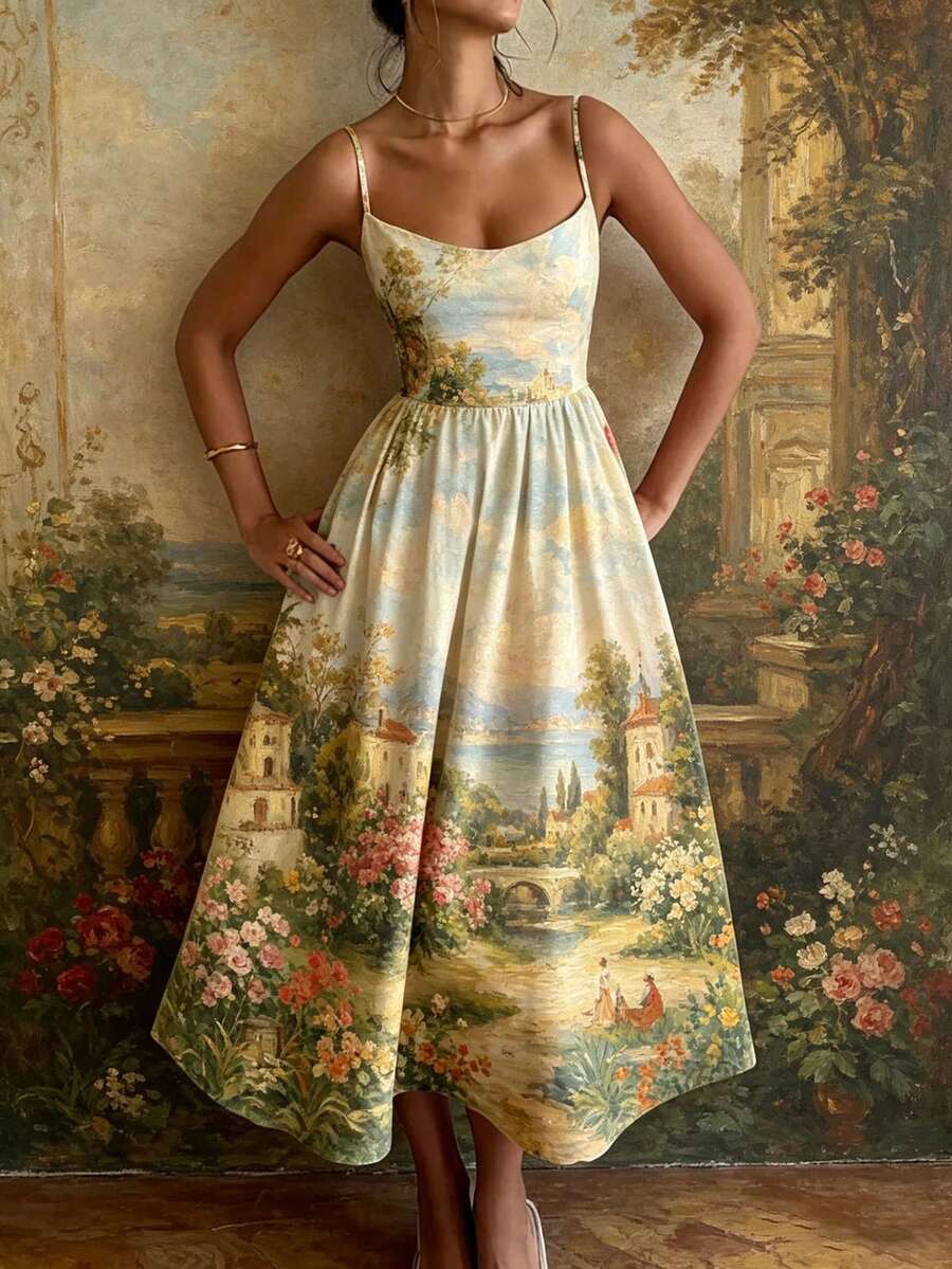 Full front view of ivory pastoral landscape-print maxi sundress with thin straps and flowing flared skirt against a garden mural