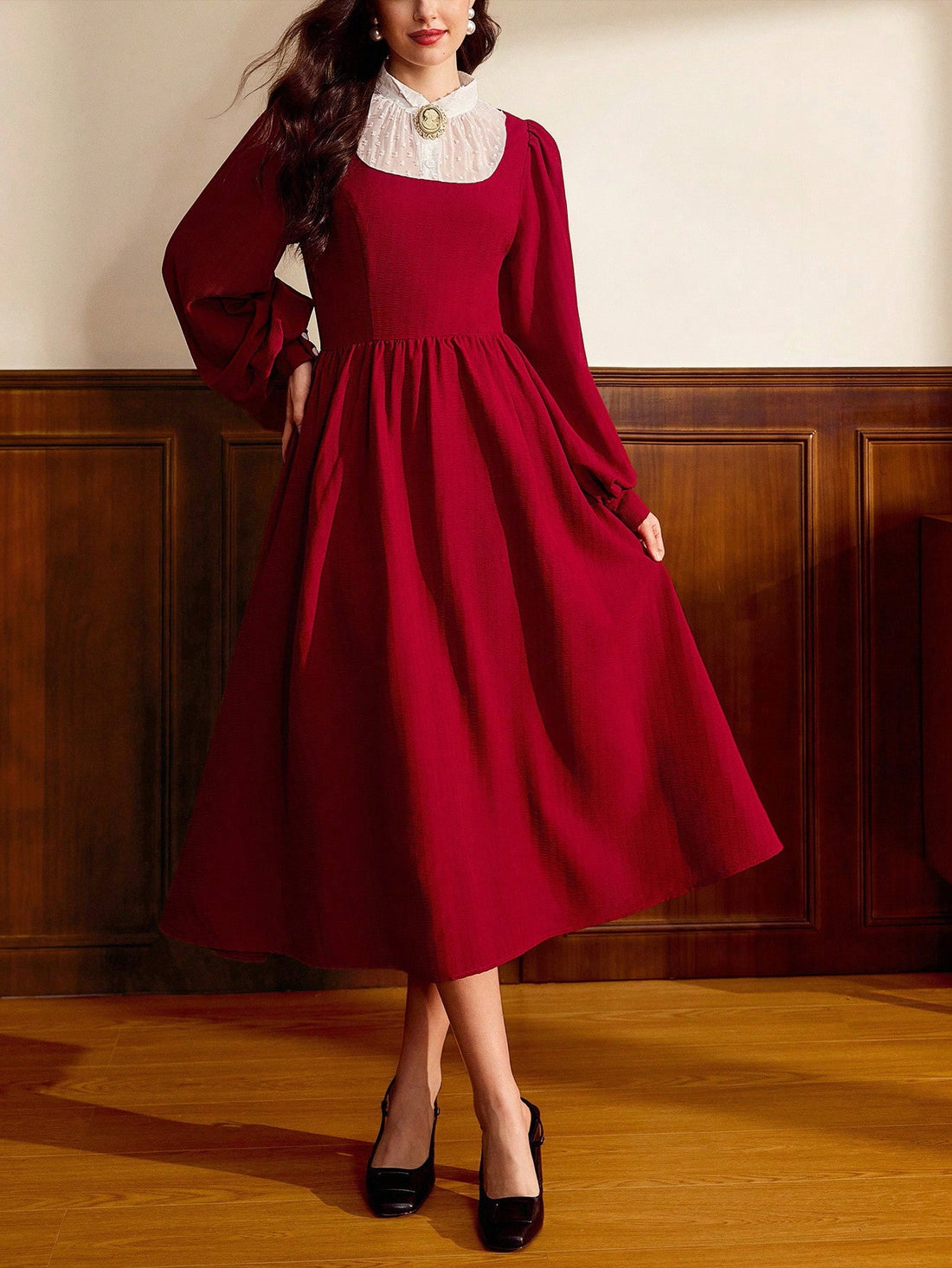 Step into timeless charm with this Elegant Vintage Wine Red Dress. Its fitted silhouette and long sleeves keep you cozy during autumn and winter while flaunting a classic retro vibe. A delicate brooch detail adds just the right touch of playful sophistication, making every outing feel like a stylish celebration.