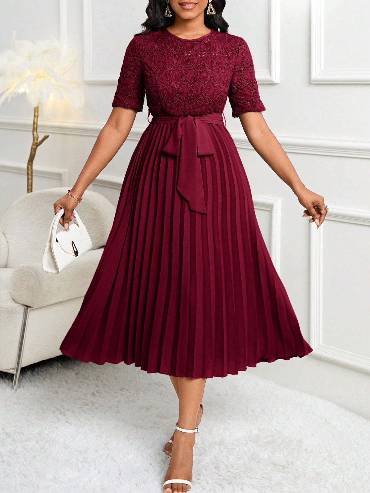 pleated midi dress for wedding guest Elegant Water-Soluble Lace with Belted Waist Women 2025-pre-order-skeleton-collection Size:4XL This womens pleated midi Satin Nordstrom Evening Dresses