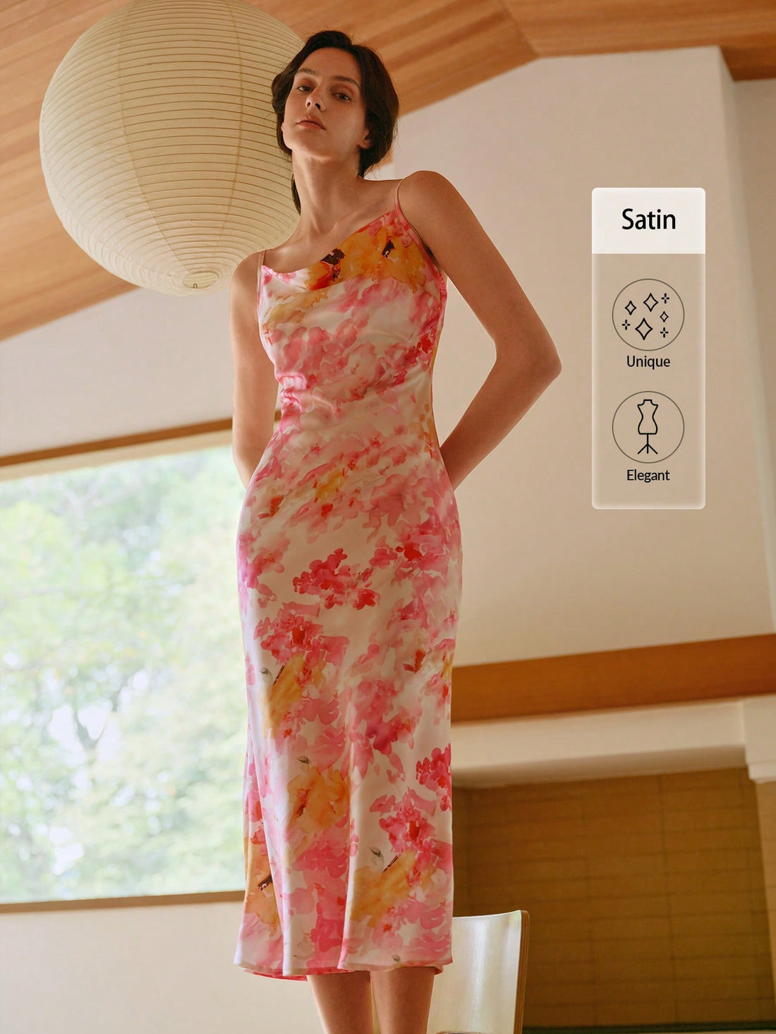 Get ready to bloom this spring and summer with our elegant watercolor satin slip dress. Perfect for any occasion, this dress will make you feel chic and fashionable. Whether you're dressing up for a night out or keeping it casual, this dress is a must-have in your wardrobe.