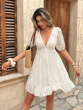 Step into sunshine with this Elegant White Deep V-Neck Lace Mini Dress, designed to make spring and summer events extra memorable. Flirty puff sleeves and delicate lace create a playful charm, while the deep V-neck adds a touch of bold elegance. Lightweight and breezy, it’s perfect for dancing the day or night away in style.