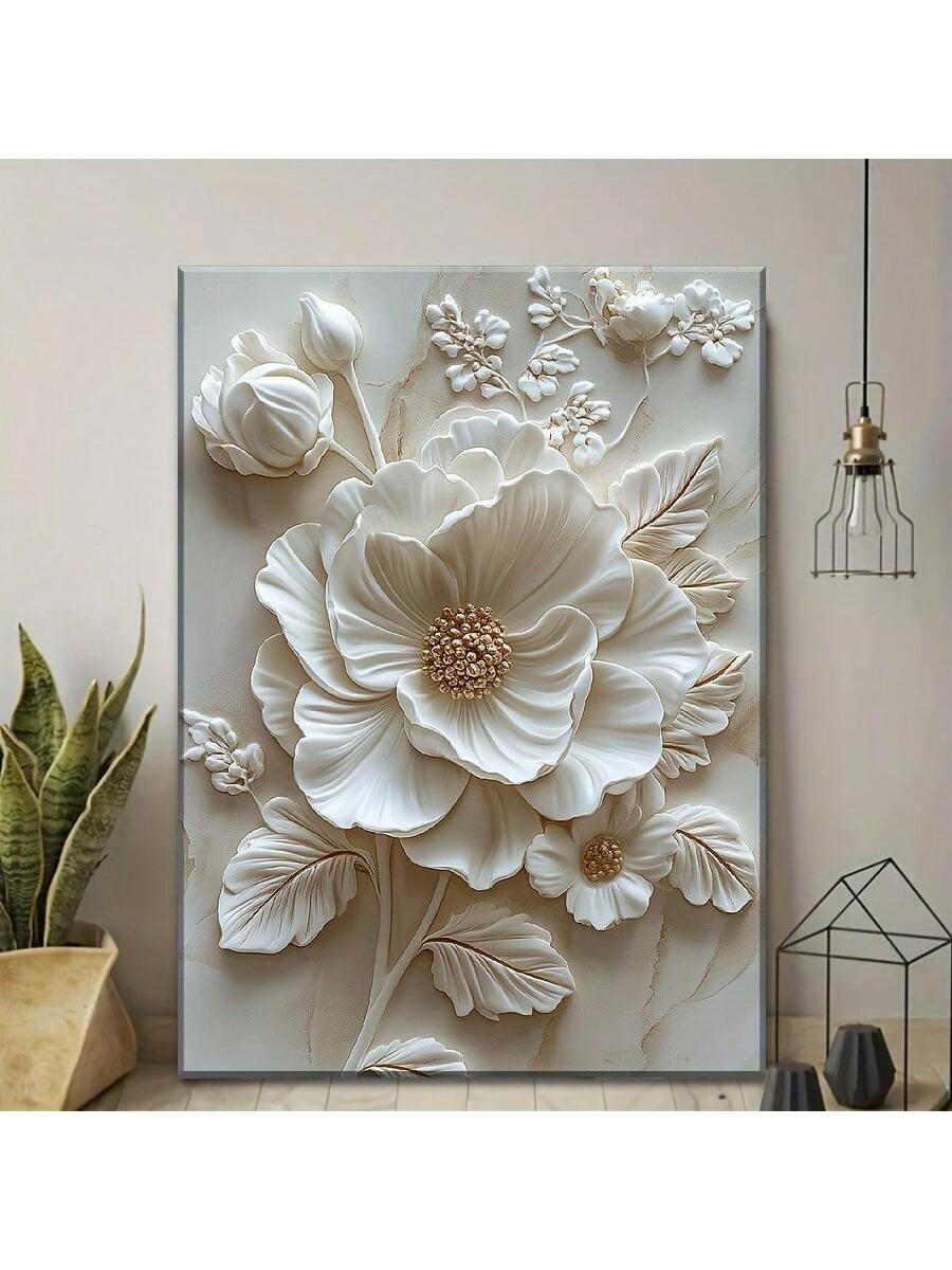 Add a touch of elegance to your living room, bathroom, or office with this stunning white floral embossed oil painting. This perfect wall art decor is sure to make a statement and enhance any space!