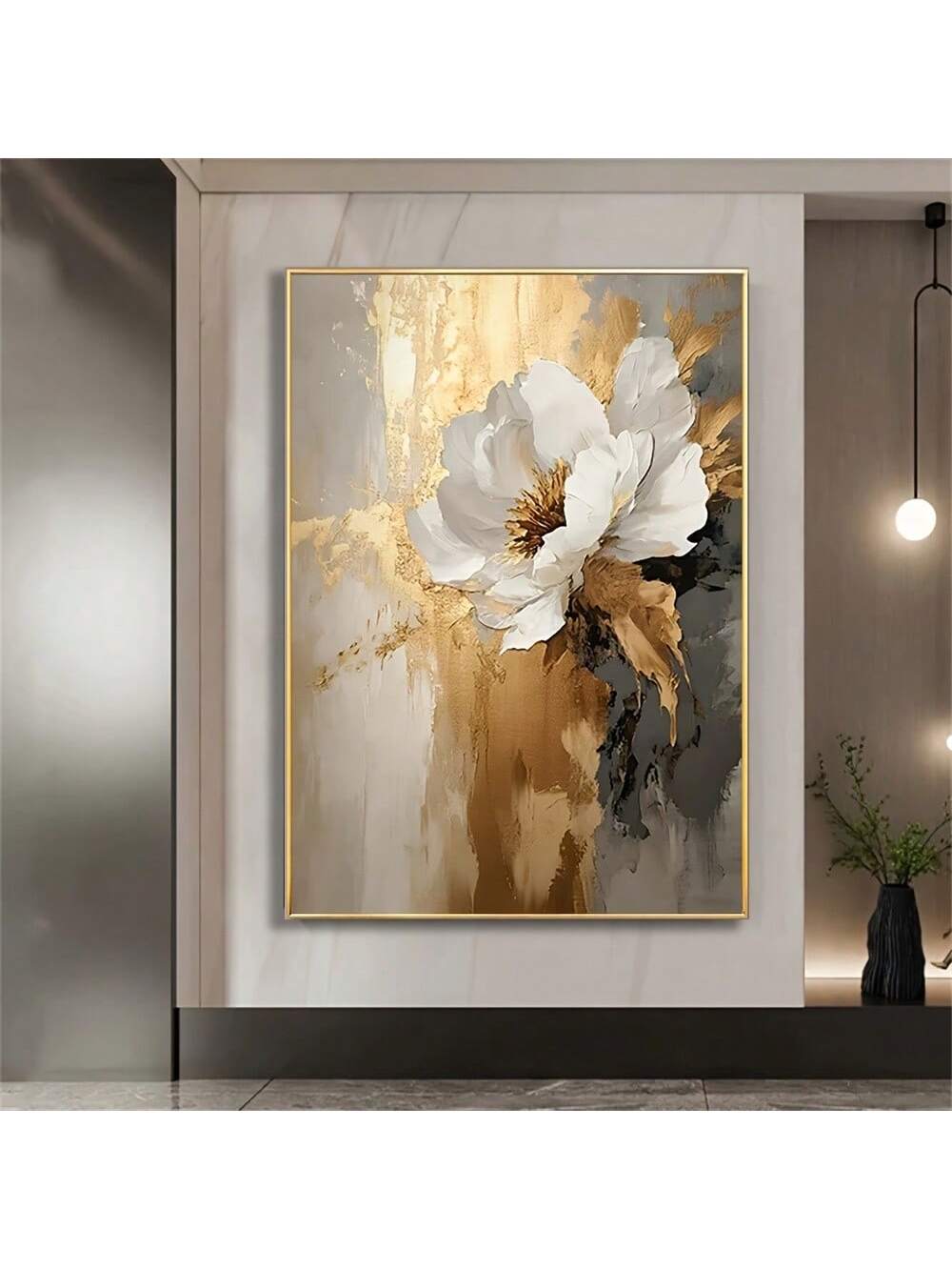 Bring a touch of glam and grace to your space with this Elegant White Flower Oil Painting. Highlighted with shimmering golden foil accents, it adds a luxe sparkle that catches the eye and lifts the mood. Perfect for brightening up living rooms, offices, or any spot that needs a dash of modern charm. Let this artwork bloom on your walls and watch your decor blossom with joy!