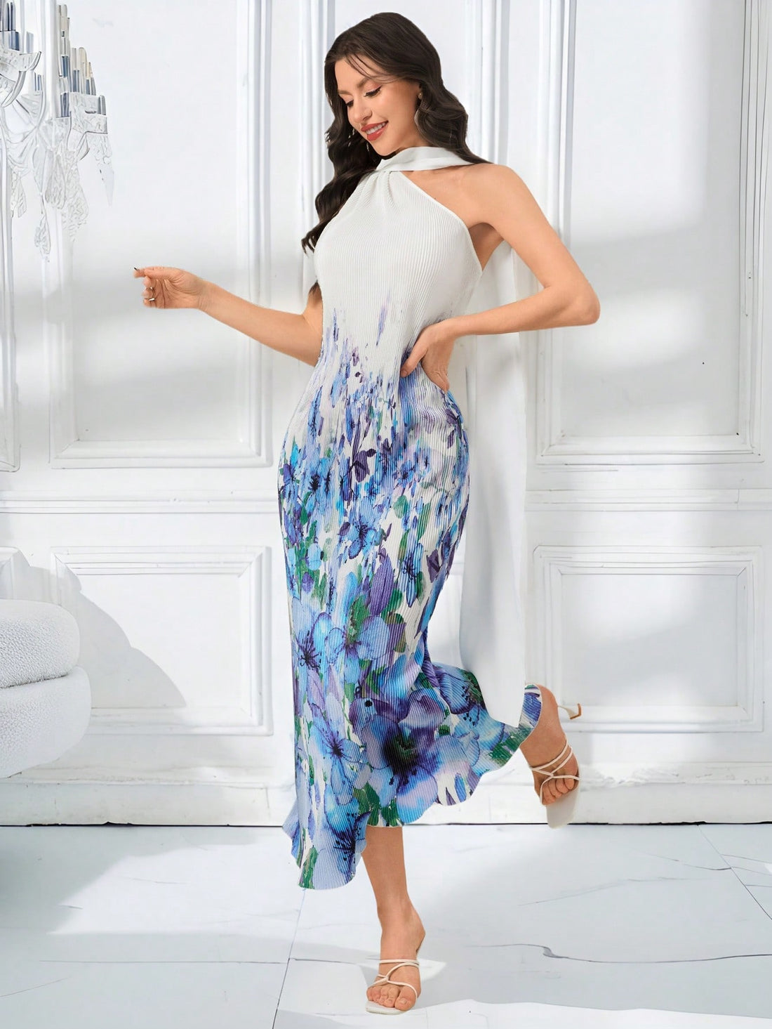Get ready to turn heads in this stunning White Gradient Print Sleeveless Pleated Streamer Dress! Flattering and flowy, this perfect Boho Sundress is a must-have for Spring and Valentine's Day concerts. Its elegant gradient print and playful streamers make it a quirky and fun addition to your wardrobe.