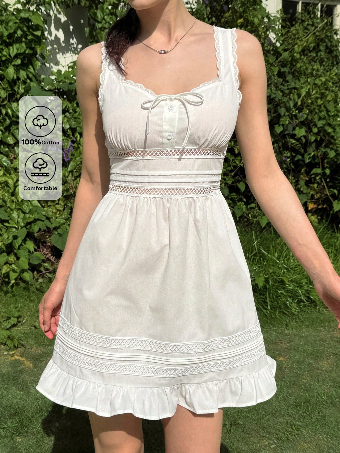 Step into the spotlight with this playful white mini dress featuring charming knotted details and flirty ruffles. Sleeveless and breezy, it’s your go-to for graduation celebrations or sunny vacation days. Effortlessly chic and fun, it adds a fresh, youthful vibe to any occasion.