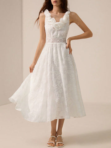 Step into charm with this Elegant White Lace Long Dress, sprinkled with delicate 3D floral embroidery that dances with every movement. Perfect for turning heads at weddings or adding a touch of whimsy to your everyday style, it blends timeless elegance with playful flair effortlessly. Whether you're the guest or the star, this dress twirls you into moments you'll never forget.