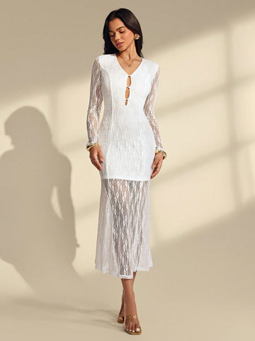 Slip into timeless elegance with this stunning white lace gown that's equal parts romantic and show-stopping. The plunging V-neckline draws eyes upward, while delicate ruching hugs your curves in all the right ways, leading to a dramatic fishtail hem that swishes with every step. Long sleeves add an air of sophistication, and the floor-length silhouette ensures you'll feel like the main character at any event. Perfect for weddings, galas, or whenever you want to turn heads and feel absolutely fabulous.