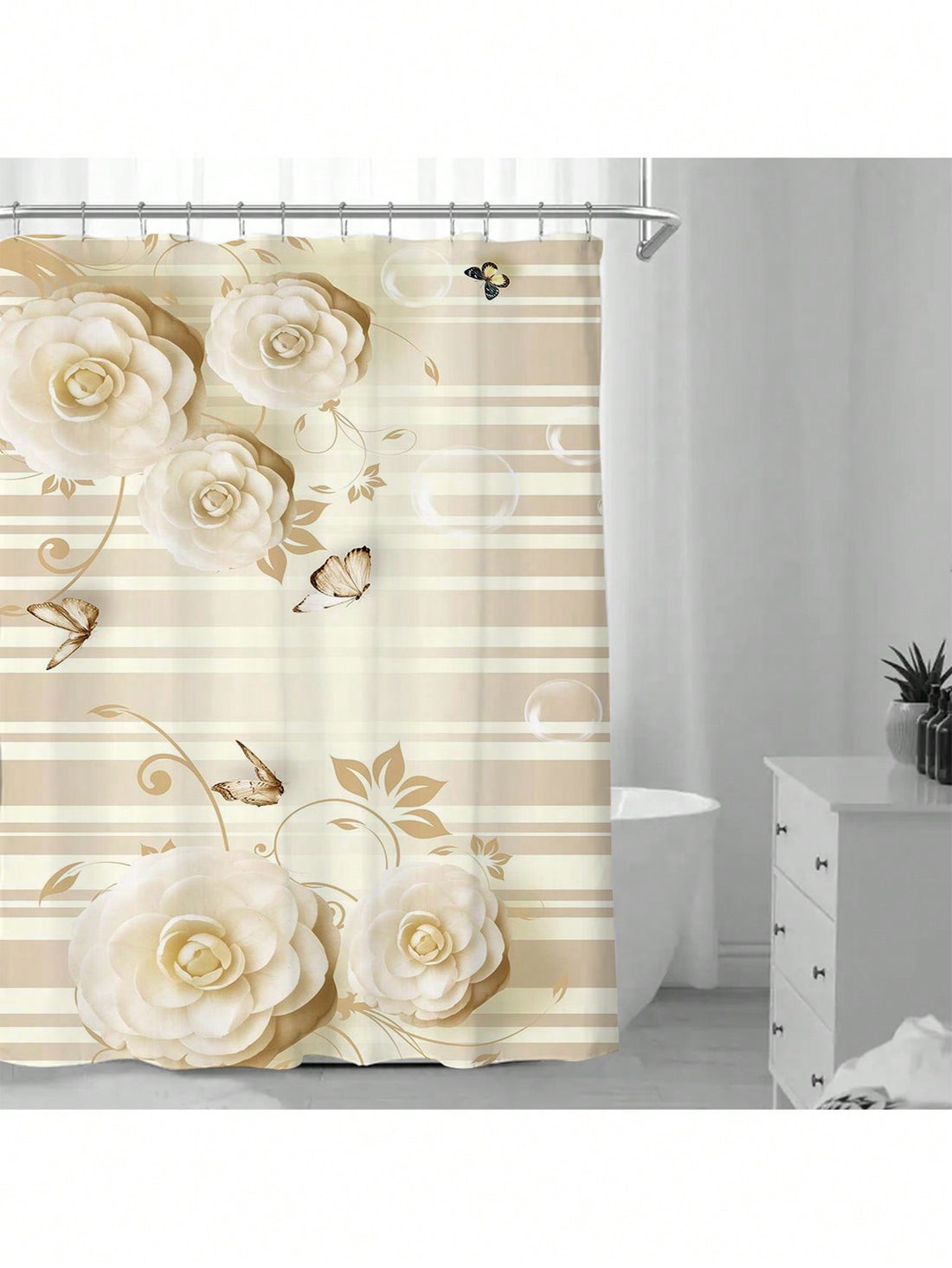 Transform your bathroom into a chic oasis with our Elegant White Rose Waterproof Shower Curtain. Keep your floors dry while adding a touch of elegance to your bathroom decor. Perfect for adding a stylish touch to any home bathroom. (No more wet floors!)