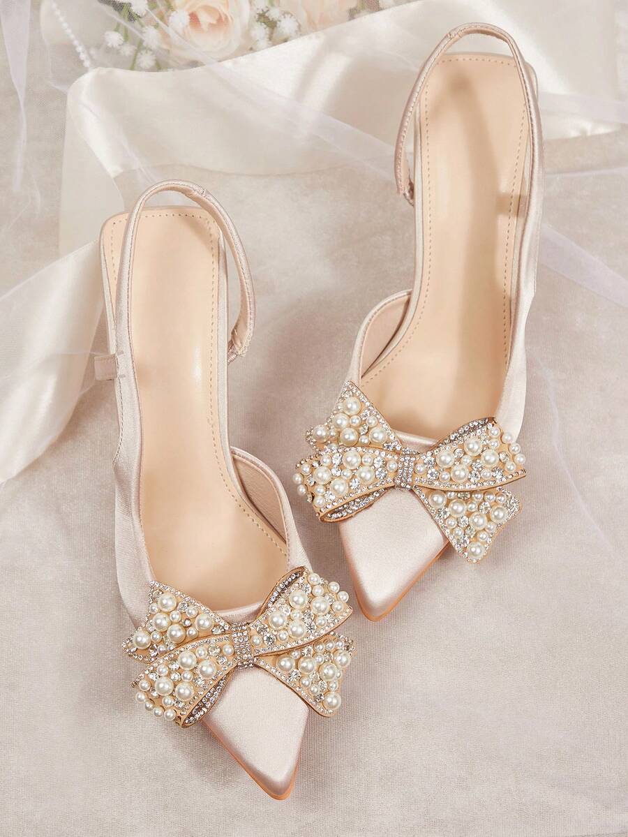 Elegant White Satin Slingback Pumps with Rhinestone Bow for Bridal and Formal Occasions