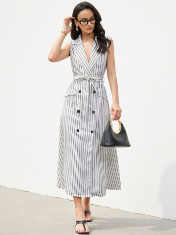 Step out in style with this elegant white striped long dress, designed for the fashion-forward woman who loves a playful twist. Featuring a chic double-breasted front and a flattering tie waist, it effortlessly combines sophistication with a fun, flirty vibe. Perfect for turning heads at any event or casual outing, this dress brings a fresh, confident flair to your wardrobe.