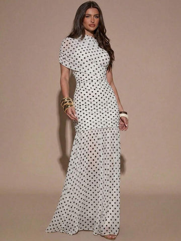 Elevate your wardrobe with this stunning white and black polka dot bodycon dress. Featuring a sleek stand collar, batwing sleeves, and a flattering high-waist silhouette, this maxi dress hugs your curves beautifully while maintaining an air of sophistication. The ruffle hem adds a playful touch to the elegant design, perfect for dating occasions or festive celebrations. 