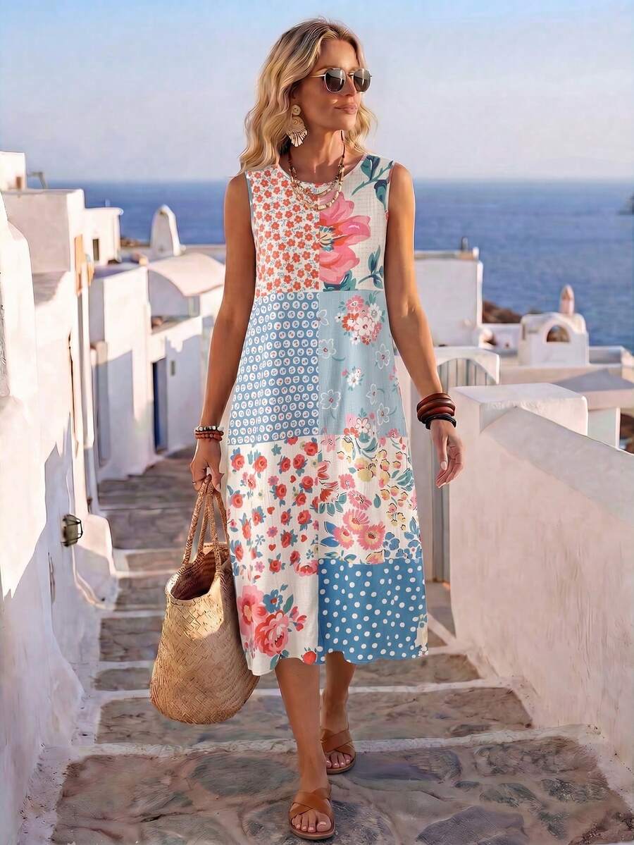Sleeveless patchwork floral midi dress front view on seaside walkway with relaxed resort style