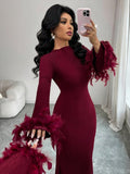Swoon-worthy elegance meets playful charm in this stunning wine red A-line dress. The luxurious ostrich wool sleeves add an unexpected touch of sophistication and texture that'll have everyone asking where you found it. Perfect for Valentine's Day dinners, weddings, or any occasion calling for a show-stopping moment. The flattering A-line silhouette skims beautifully while the rich wine hue complements every skin tone. Dress it up with heels and statement jewelry, or keep it effortlessly chic with simple ac
